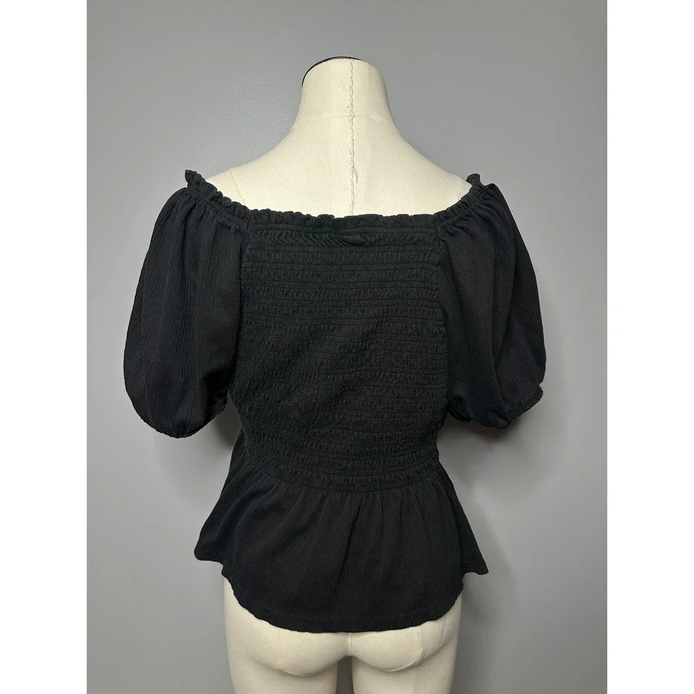 Old Navy Womens Black Smocked Peplum Top Puff Sleeve Square Neck Gauze Large